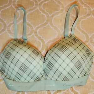 Victorias Secret NWOT Padded Sage Green Plaid & Hot Pink Adjustable Bra 36DD